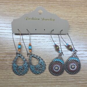 Bohemian Teardrop Earrings Set - Turquoise and Bronze
